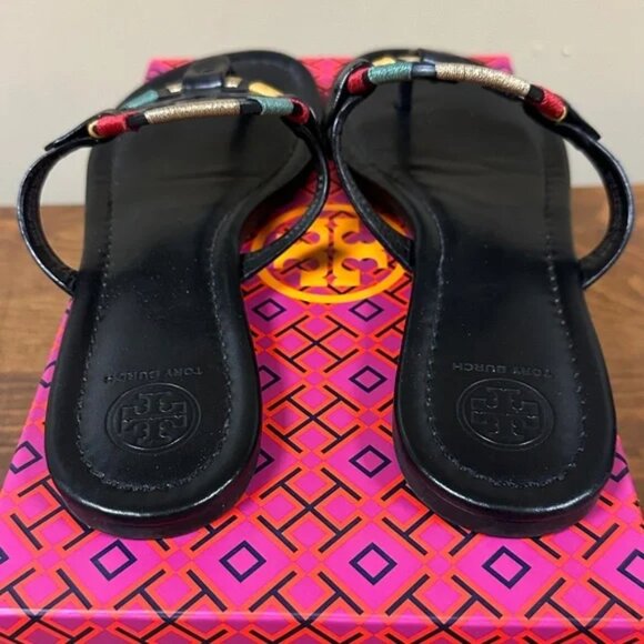 TORY BURCH 'MILLER' LEATHER THONG SANDALS EMBROIDERED W/'TB' BOX - Picture 3 of 16